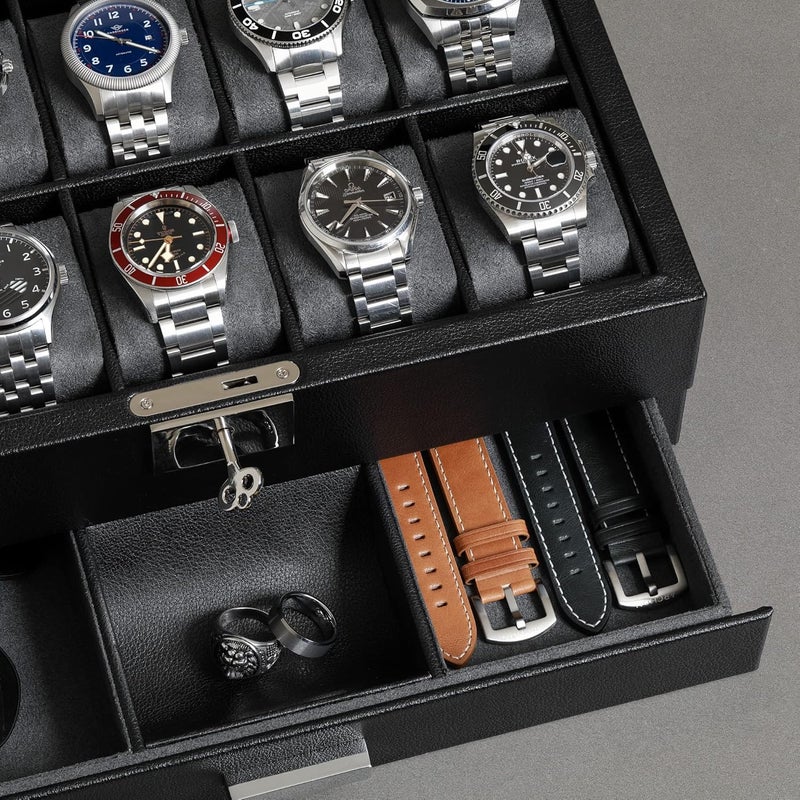 ROTHWELL 10-Slot Watch Box in Leather with Valet Drawer, Luxury Watch Case Display Organizer with Ultra Soft Microsuede Liner, Jewelry and Sunglass Holder With Large Glass top (Black/Grey) - Image 5